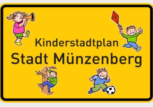 Ortsschild mit Beschriftung "Kinderstadtplan Stadt Münzenberg"
