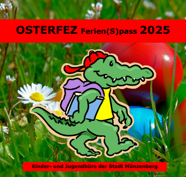 Titelbild Programmheft Osterfez 2025-Krokodillogo vor Ostereiern auf Wiese