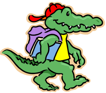 Logo des Kinder- und Jugendbüros: Krokodil mit Schirmmütze, Rucksack und Buch unter dem Arm.
