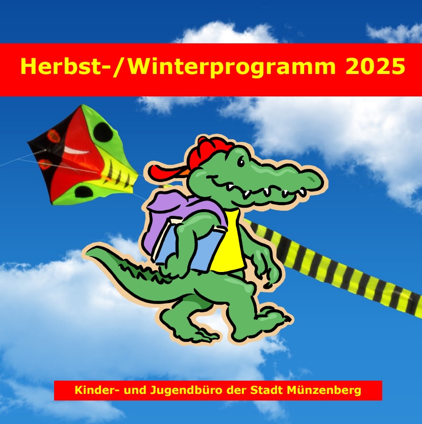 Titelbild Herbst-/Winterprogramm, Krokodil-Logo vor Flugdrachen